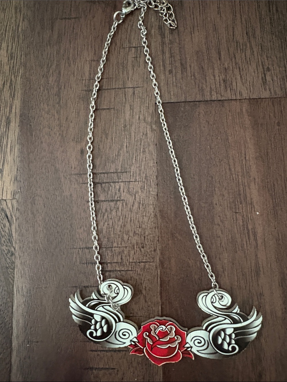 White Swallow Red Rose Tattoo Rockabilly Necklace